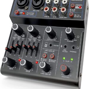Pyle Professional Wireless DJ Audio Mixer - 4 Channel Bluetooth Controller Sound Mixer, USB Audio Interface, 2 Combo Jack XLR+6.35mm Mic/Line/Guitar in, 3.5mm, RCA AUX, Headphone Jack - PAD43MXUBT