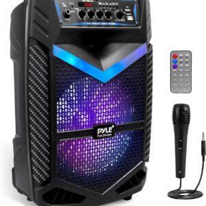 Pyle Portable Bluetooth PA Speaker System - 600W Rechargeable Outdoor Bluetooth Speaker Portable PA System w/ 10” Subwoofer 1” Tweeter, Recording Function, Mic In Party Lights USB/SD Radio