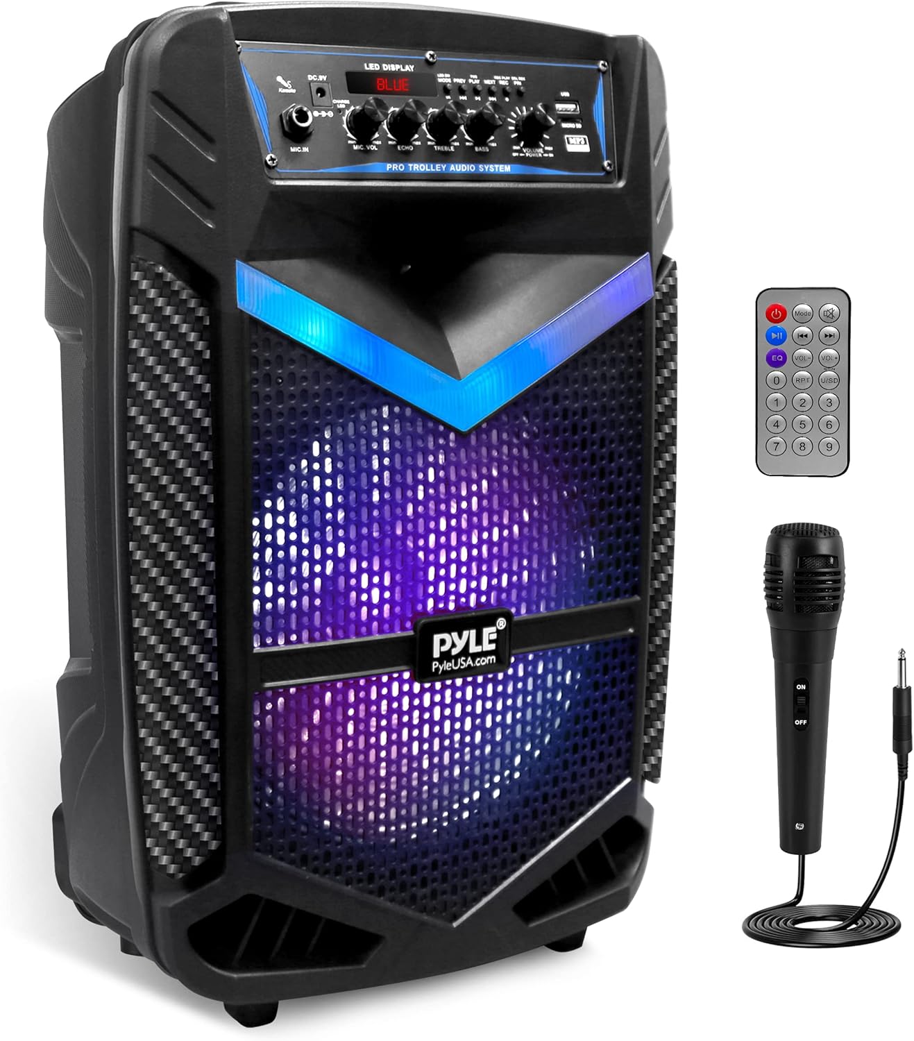 Pyle Portable Bluetooth PA Speaker System - 600W Rechargeable Outdoor Bluetooth Speaker Portable PA System w/ 10” Subwoofer 1” Tweeter, Recording Function, Mic In Party Lights USB/SD Radio