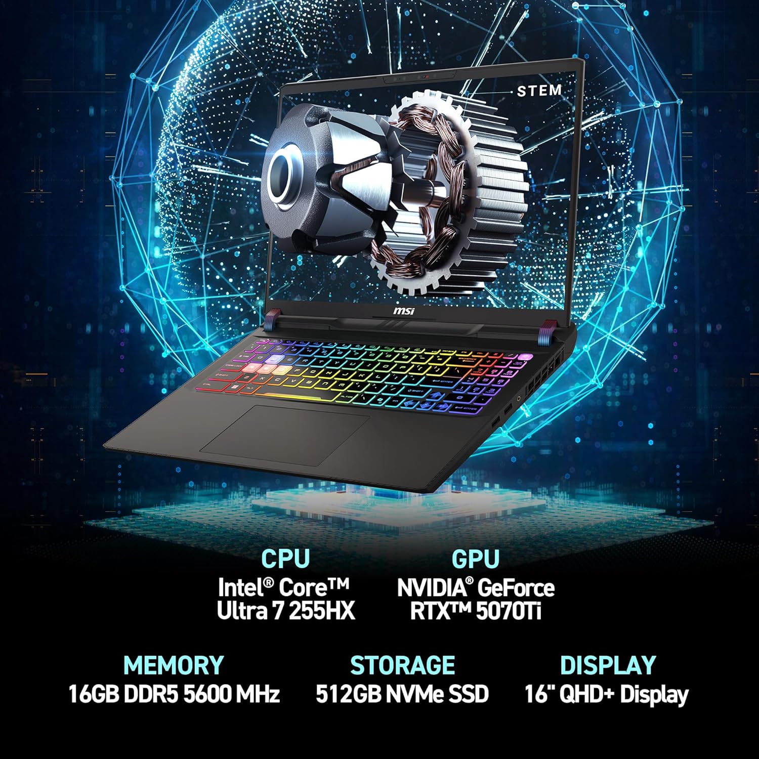 msi Vector 16 HX AI 16” 144Hz FHD+ Gaming Laptop: Intel Core Ultra 7-255HX, NVIDIA Geforce RTX 5070Ti, 16GB DDR5, 512GB NVMe SSD, Thunderbolt 5, Wi-Fi 6E, Win 11 Home: Cosmo Gray A2XWHG-212US - Image 2