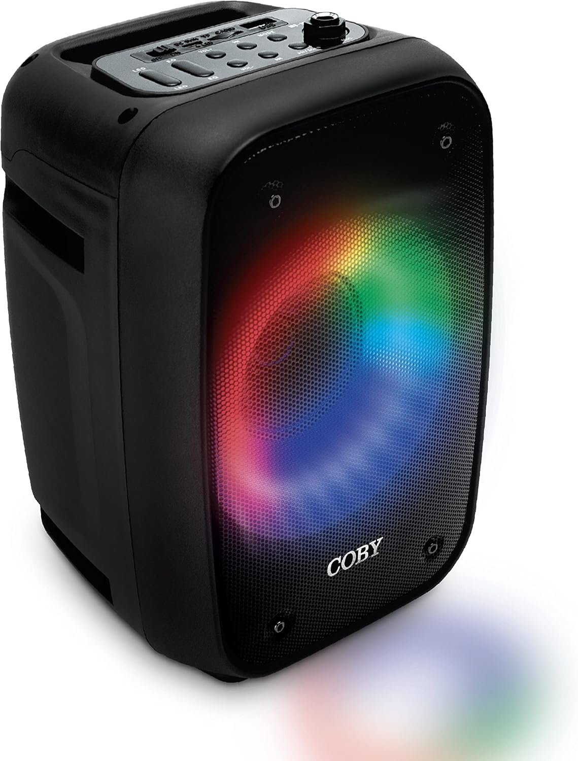 Coby Blaze Light-Up Bluetooth Speaker, Wireless Portable Speaker with 3 Light Modes, Built-in Mic Input, FM Radio, and Handle, Karaoke Box, 7-Hour-Use Rechargeable Battery, Micro USB Port, TF Card