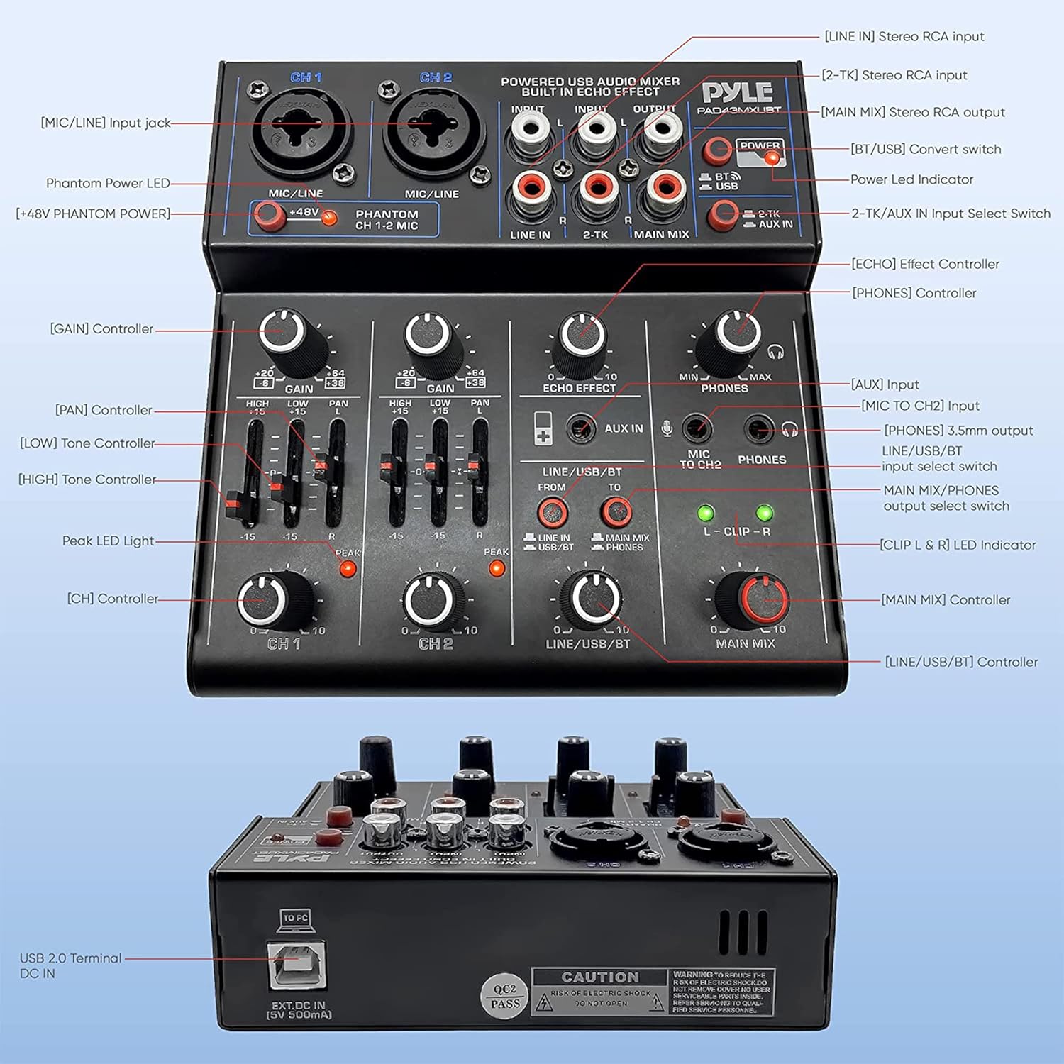 Pyle Professional Wireless DJ Audio Mixer - 4 Channel Bluetooth Controller Sound Mixer, USB Audio Interface, 2 Combo Jack XLR+6.35mm Mic/Line/Guitar in, 3.5mm, RCA AUX, Headphone Jack - PAD43MXUBT - Image 3