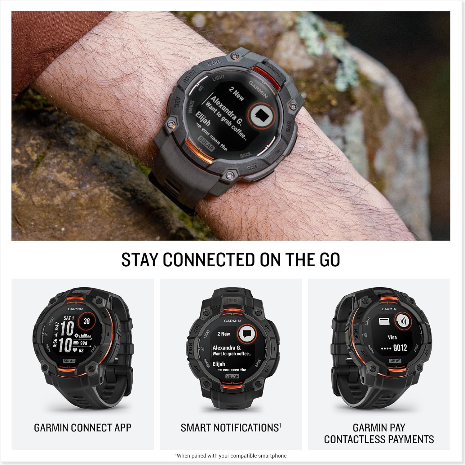 Garmin Instinct® 3 45mm, Solar Charged Display, Rugged Outdoor GPS Smartwatch, Metal-Reinforced Bezel, Built-in Flashlight, Black - Image 4