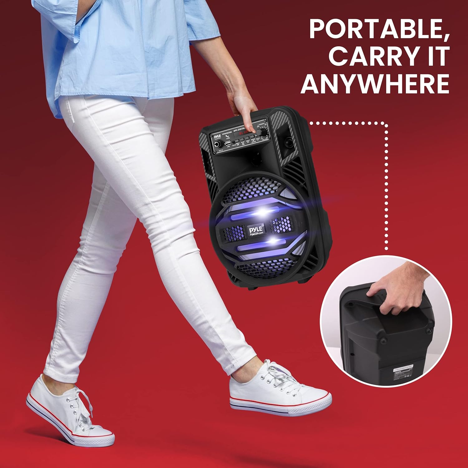 Pyle Portable Bluetooth PA Speaker System - 300W Rechargeable Outdoor Bluetooth Speaker Portable PA System w/ 8” Subwoofer 1” Tweeter, Microphone In, Party Lights, MP3/USB, Radio, Remote -PPHP835B - Image 6