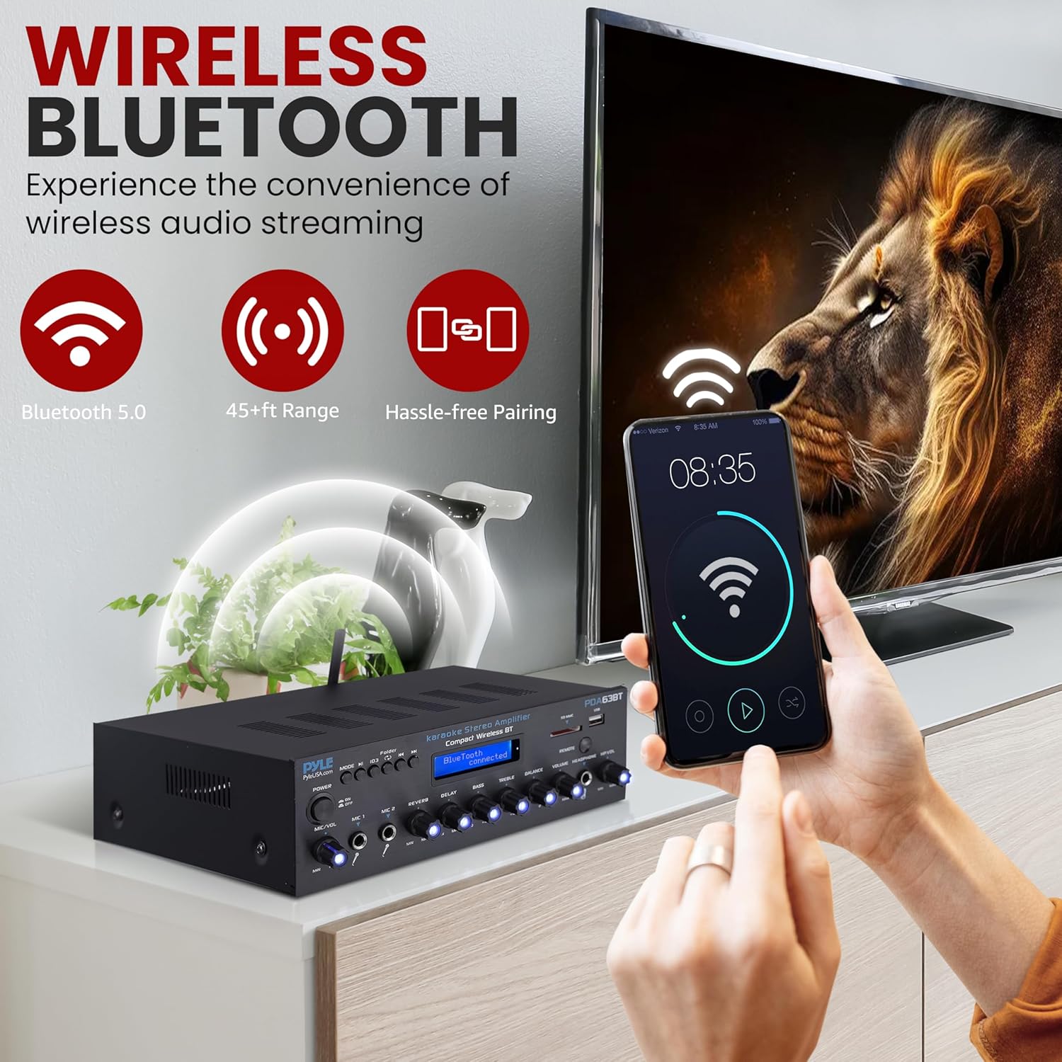 Pyle Wireless BT Stereo Amplifier - Multi Channel, 200 Watt Power, Home Audio Receiver System with FM Radio, BT, USB SD, AUX, RCA, Mic-in, BT and FM Antenna - Image 5