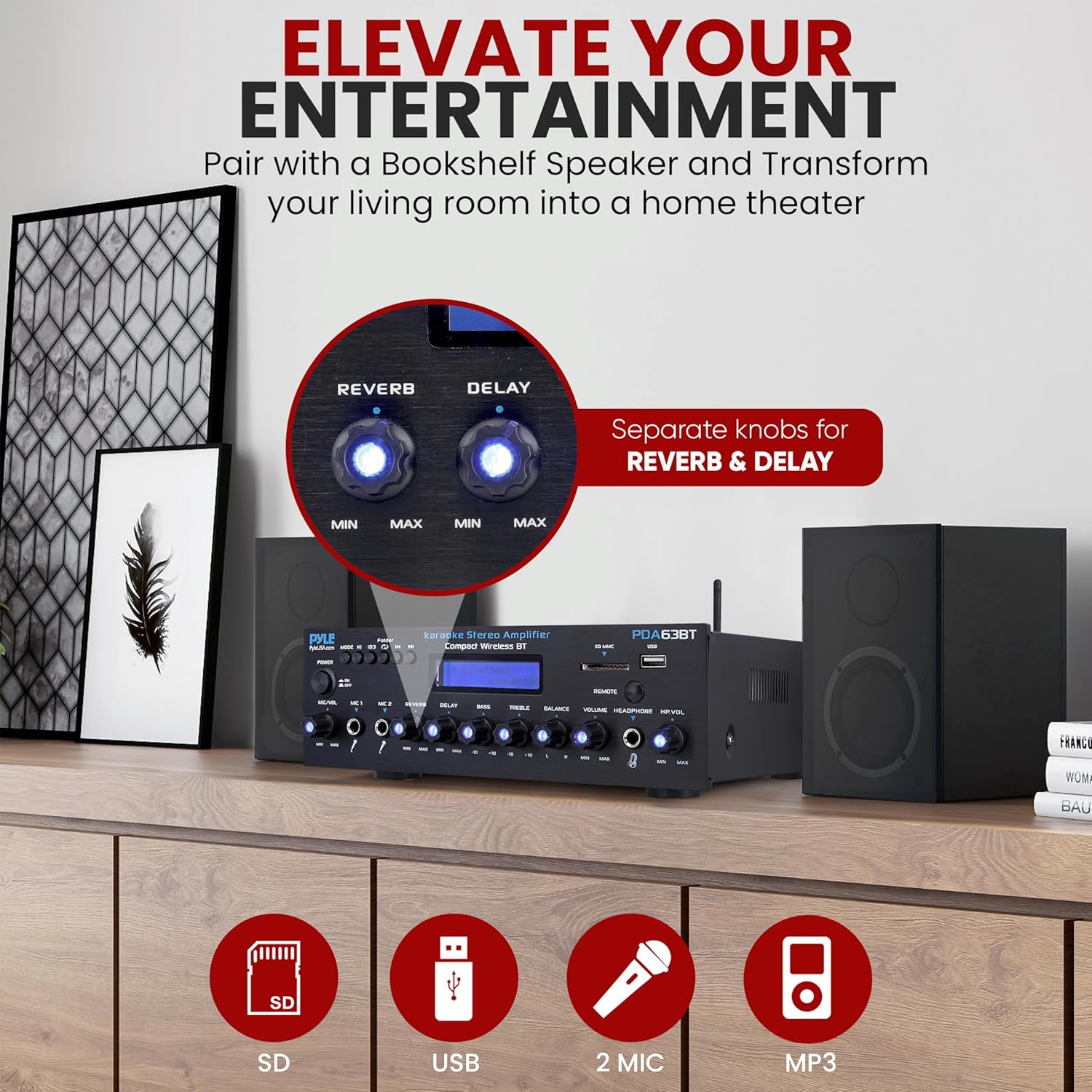 Pyle Wireless BT Stereo Amplifier - Multi Channel, 200 Watt Power, Home Audio Receiver System with FM Radio, BT, USB SD, AUX, RCA, Mic-in, BT and FM Antenna - Image 4