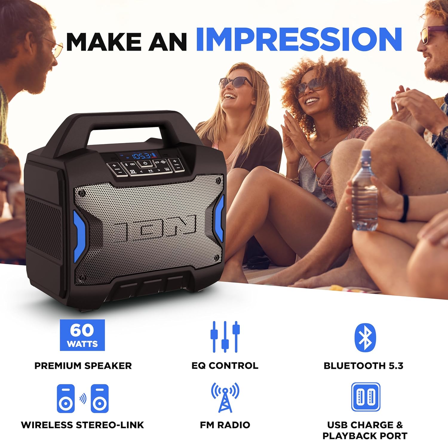 ION Tailgater Boom - Outdoor Portable Bluetooth Speaker with Mic in, FM Radio, USB Port, Battery, IPX5 Water-Resistant, Wireless Stereo-Link, App, 60W - Image 2
