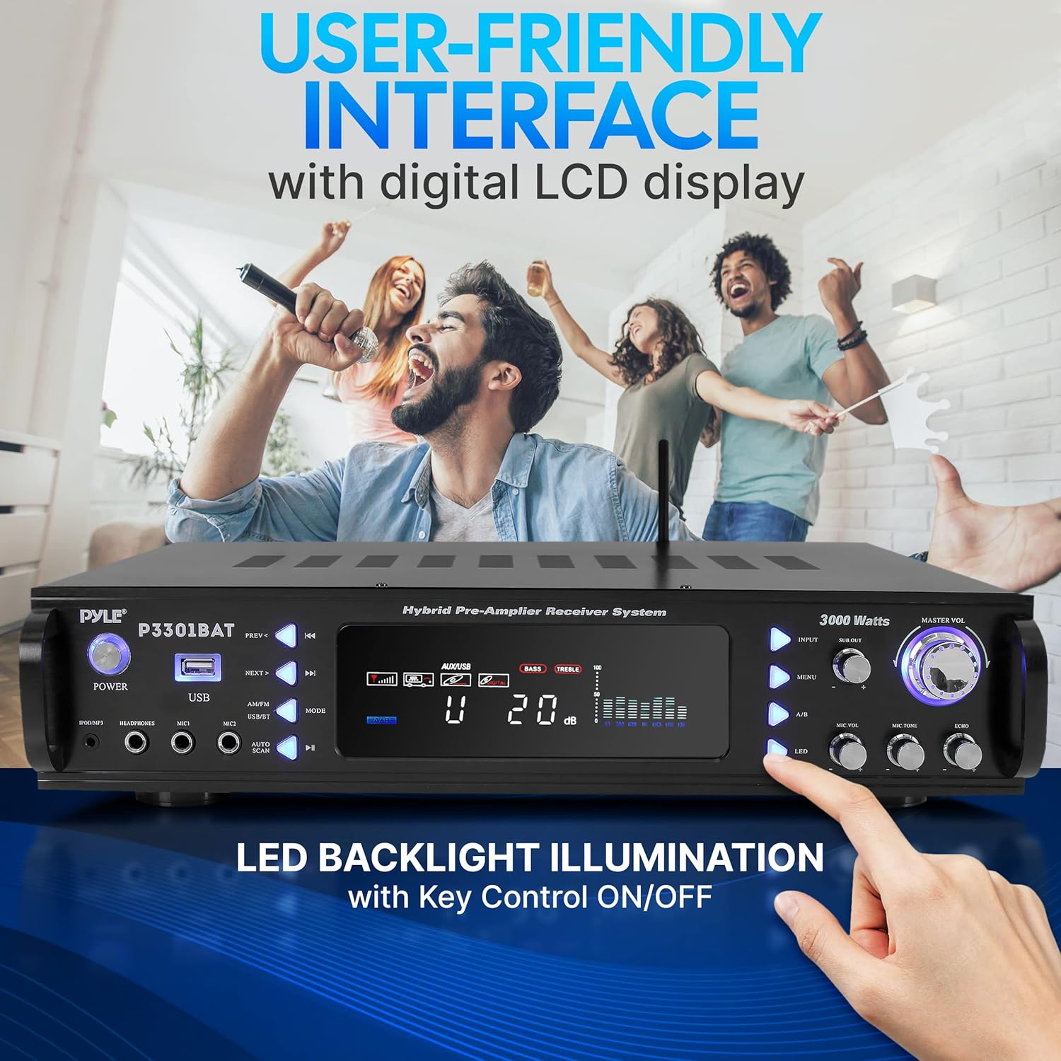 Pyle Bluetooth Home Stereo Amplifier - Hybrid Multi-Channel 3000 Watt Power Amplifier Home Audio Receiver System w/ AM/FM Radio, MP3/USB,AUX,RCA Karaoke Mic in - Rack Mount, Remote - P3301BAT - Image 5