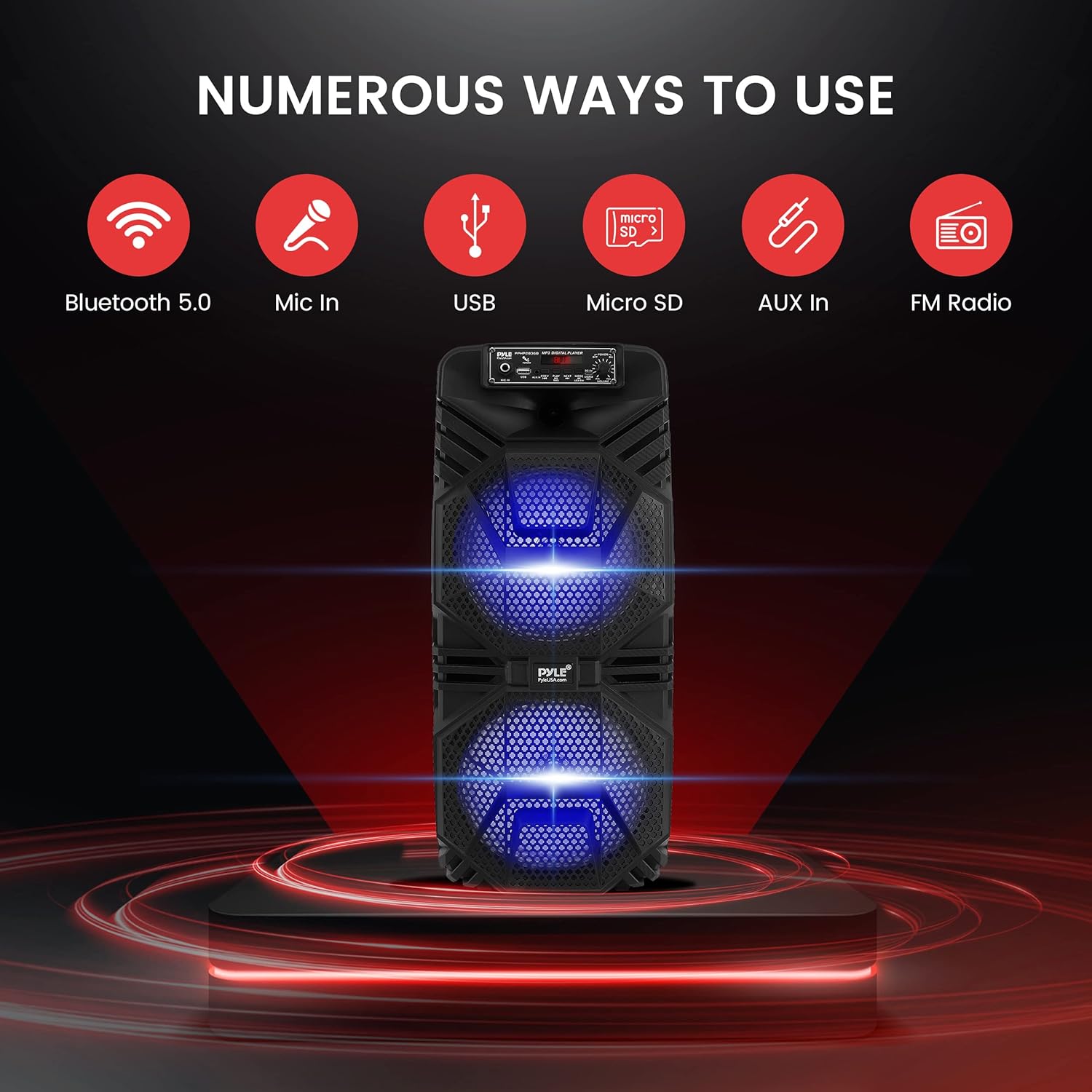 Pyle Bluetooth PA Speaker System - 600W Rechargeable Outdoor Bluetooth Speaker Portable PA System w/ Dual 8” Subwoofer 1” Tweeter, Microphone In, Party Lights, USB, Radio, Remote - Pyle PPHP2836B - Image 3