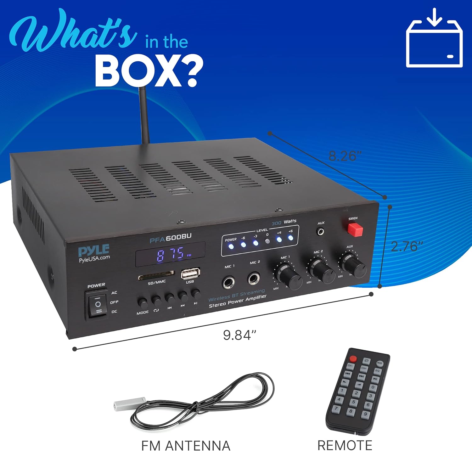 Pyle 300W Bluetooth Karaoke Amplifier - 2-Channel PA System with FM Radio - USB/SD - AUX - 2 Mic Inputs - Siren Alarm - 12V Power Option - Remote Control for Home, Car, and Bus Tours - PFA600BU - Image 6