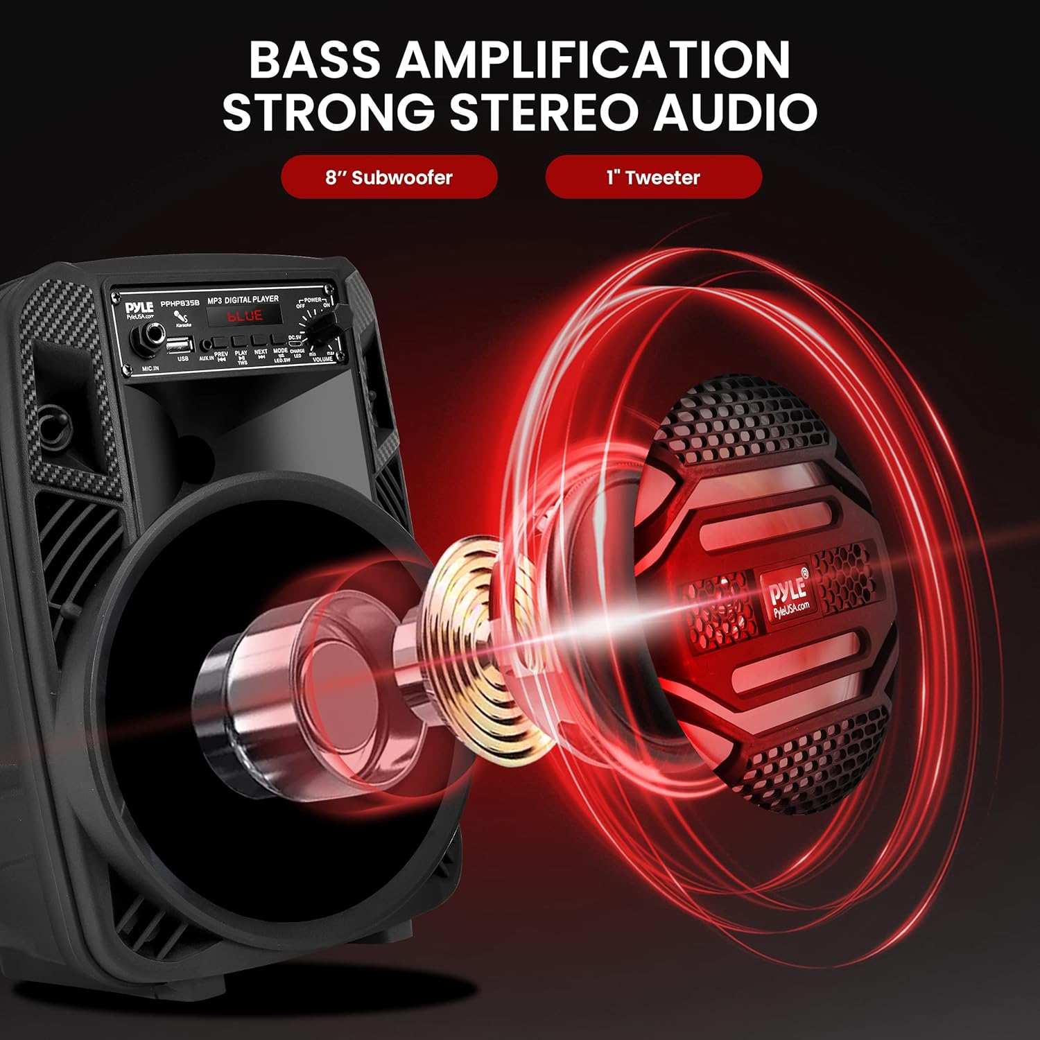 Pyle Portable Bluetooth PA Speaker System - 300W Rechargeable Outdoor Bluetooth Speaker Portable PA System w/ 8” Subwoofer 1” Tweeter, Microphone In, Party Lights, MP3/USB, Radio, Remote -PPHP835B - Image 2