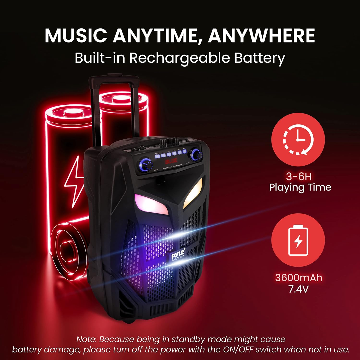 Portable Bluetooth PA Speaker System - 600W 10” Outdoor BT Speaker - Includes 2 Wireless Microphones, Party Lights, USB SD Card Reader, FM Radio, Rolling Wheels - Remote Control - Pyle PPHP101WMB - Image 5