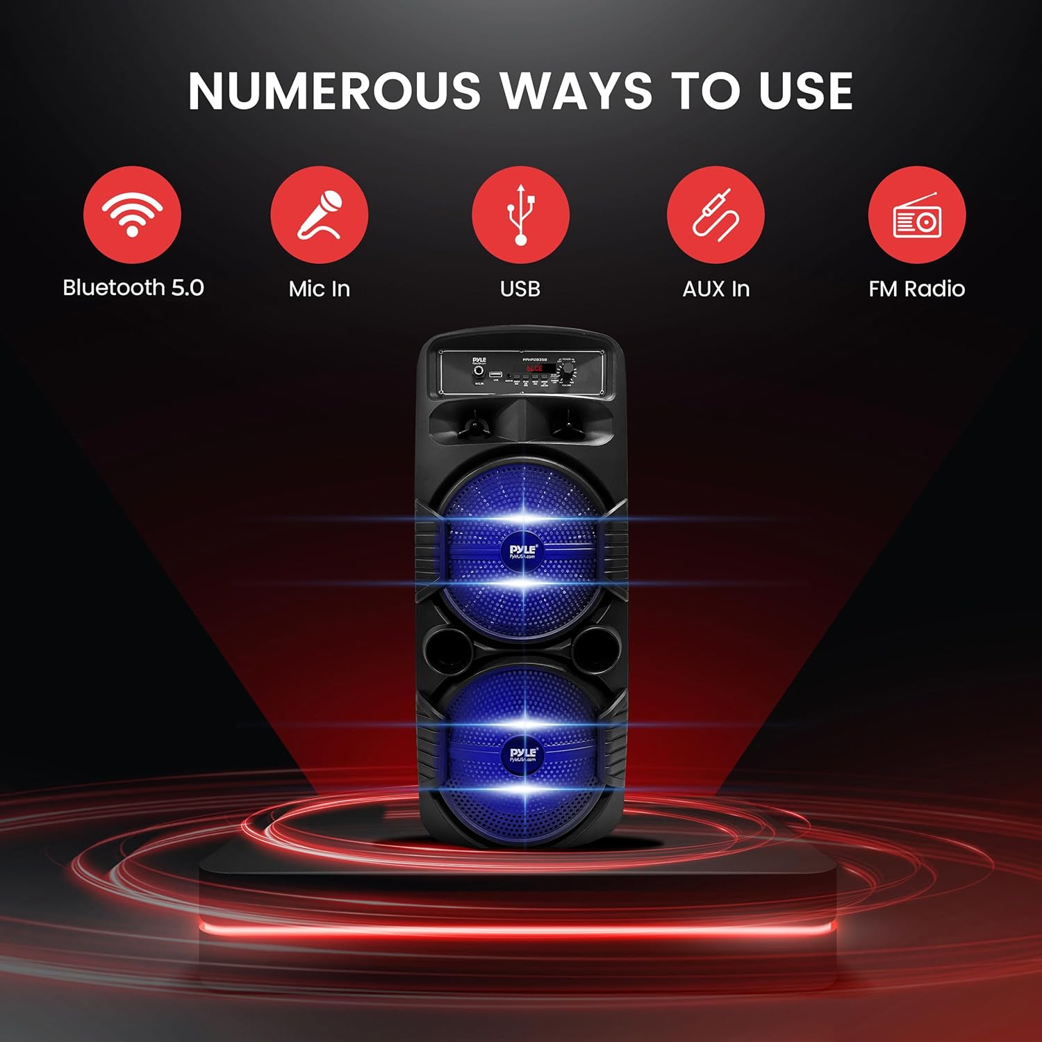 Pyle Portable Bluetooth PA Speaker System - 600W Rechargeable Outdoor Bluetooth Speaker Portable PA System w/ Dual 8” Subwoofer 1” Tweeter, Microphone In, Party Lights, USB, Radio, Remote - PPHP2835B - Image 3