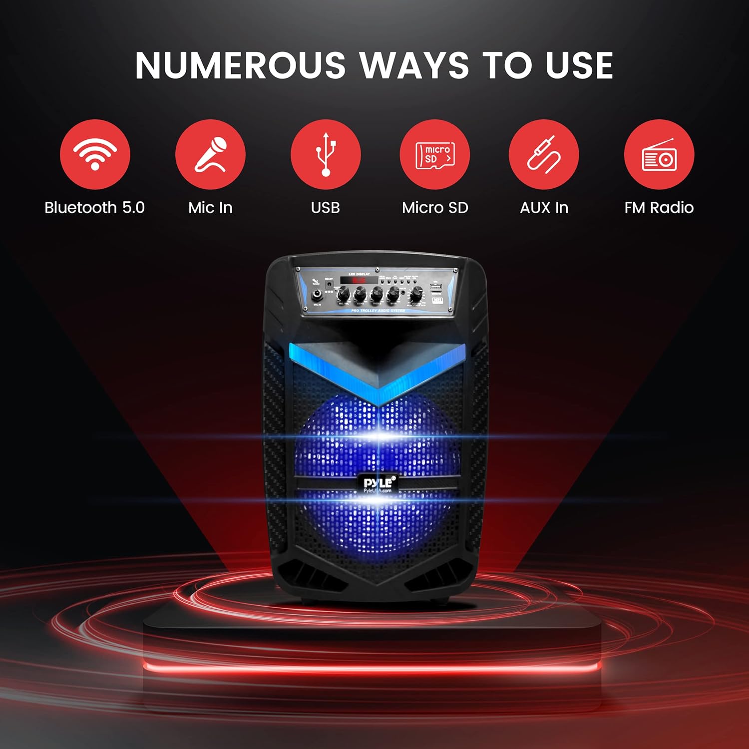 Pyle Portable Bluetooth PA Speaker System - 600W Rechargeable Outdoor Bluetooth Speaker Portable PA System w/ 10” Subwoofer 1” Tweeter, Recording Function, Mic In Party Lights USB/SD Radio - Image 3
