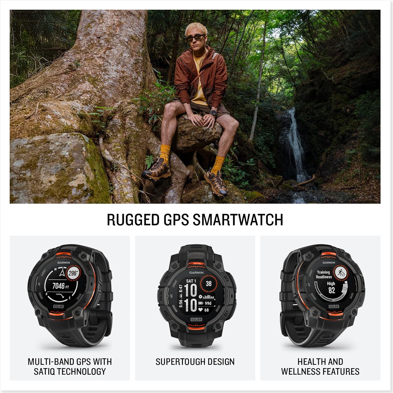Garmin Instinct® 3 45mm, Solar Charged Display, Rugged Outdoor GPS Smartwatch, Metal-Reinforced Bezel, Built-in Flashlight, Black - Image 2