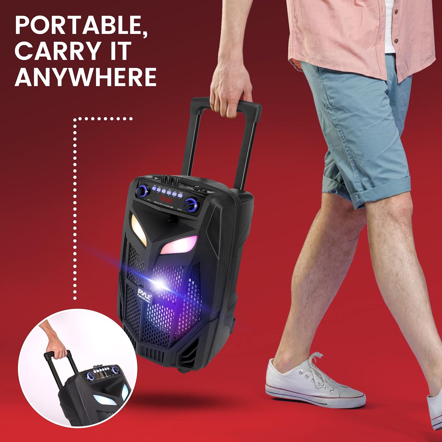Portable Bluetooth PA Speaker System - 600W 10” Outdoor BT Speaker - Includes 2 Wireless Microphones, Party Lights, USB SD Card Reader, FM Radio, Rolling Wheels - Remote Control - Pyle PPHP101WMB - Image 6