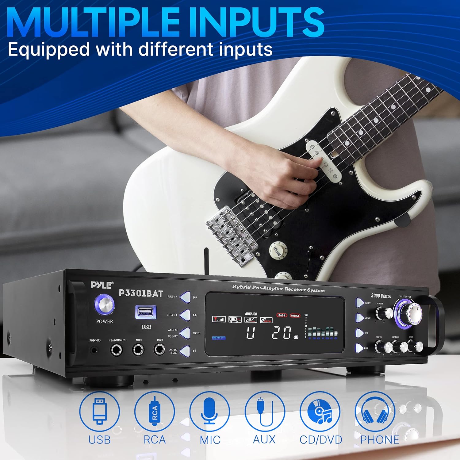 Pyle Bluetooth Home Stereo Amplifier - Hybrid Multi-Channel 3000 Watt Power Amplifier Home Audio Receiver System w/ AM/FM Radio, MP3/USB,AUX,RCA Karaoke Mic in - Rack Mount, Remote - P3301BAT - Image 4