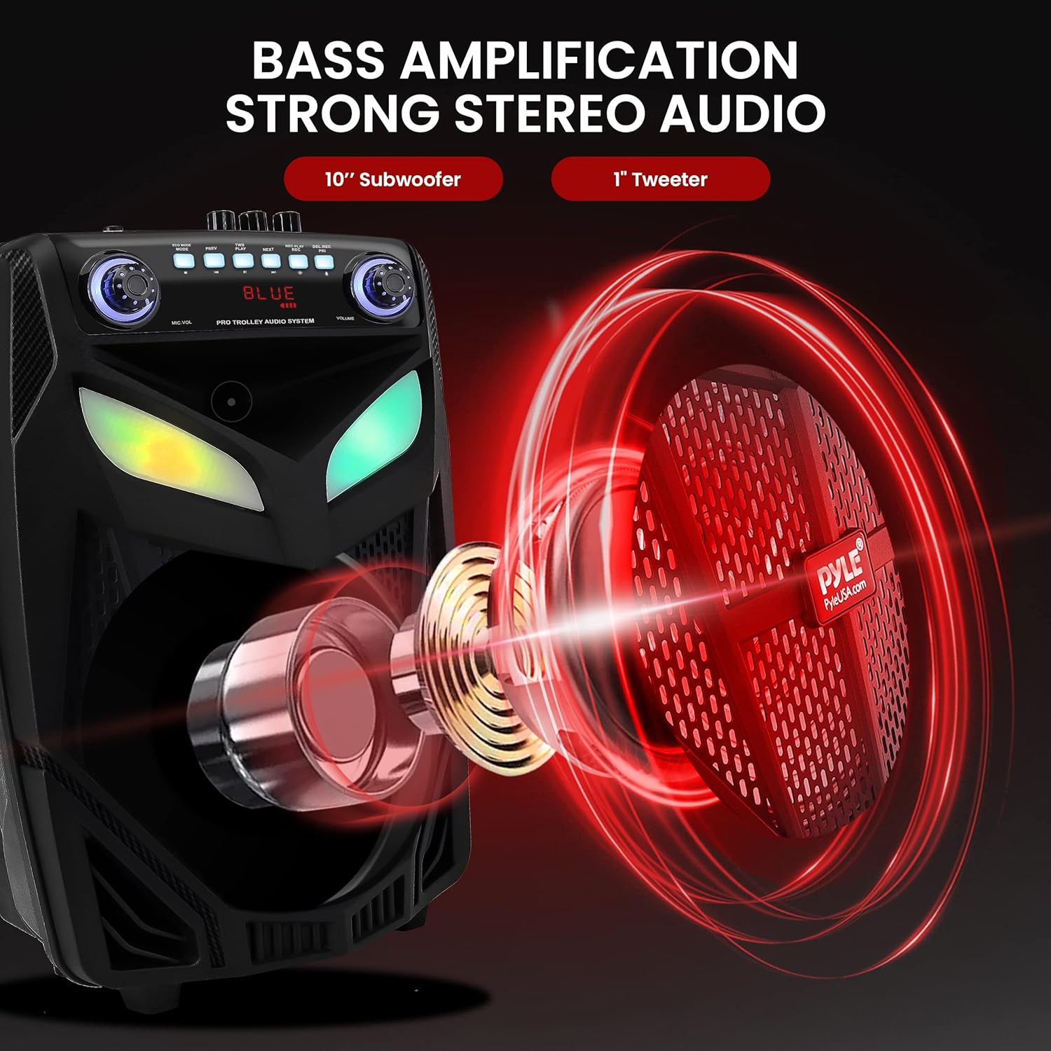 Portable Bluetooth PA Speaker System - 600W 10” Outdoor BT Speaker - Includes 2 Wireless Microphones, Party Lights, USB SD Card Reader, FM Radio, Rolling Wheels - Remote Control - Pyle PPHP101WMB - Image 2