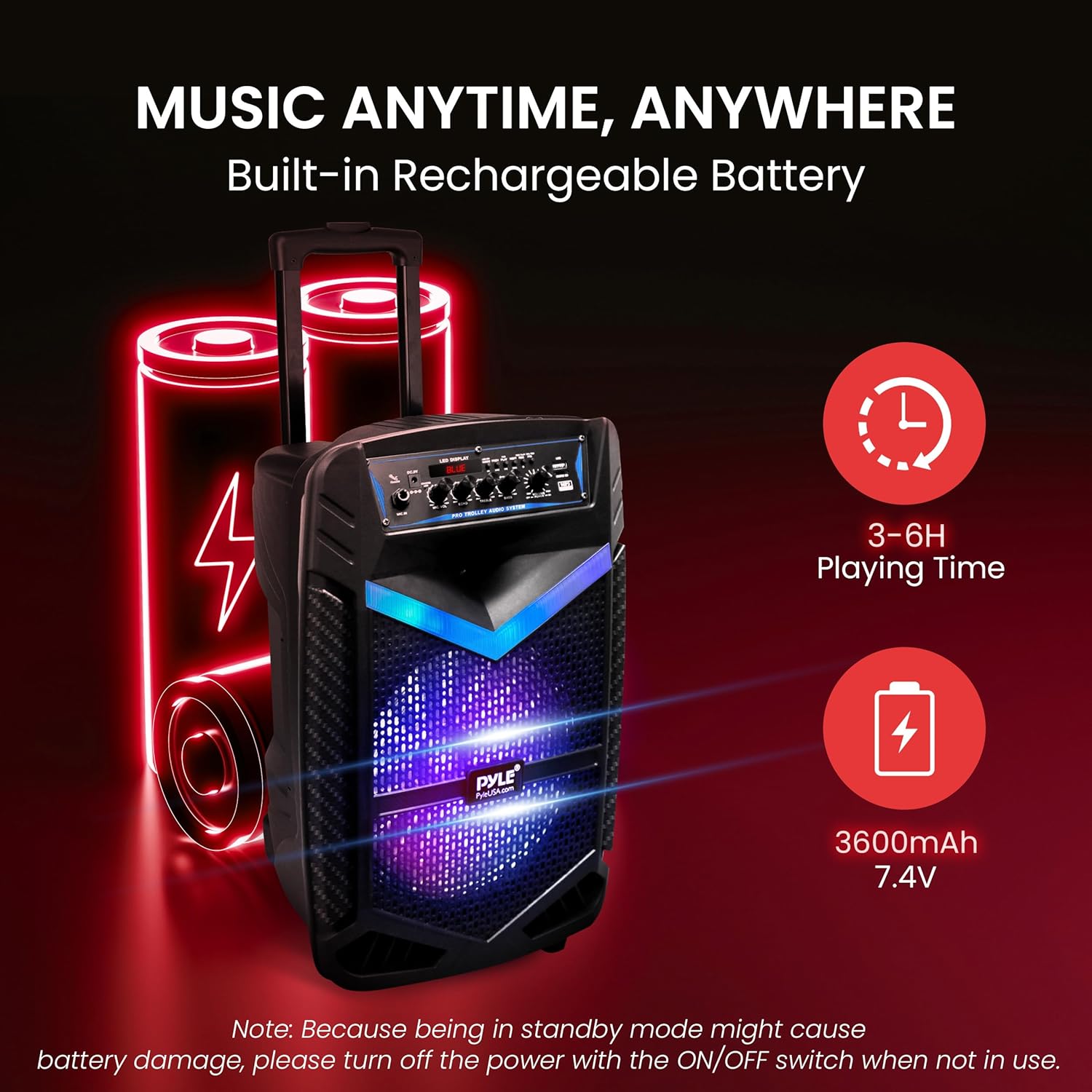 Pyle Portable Bluetooth PA Speaker System - 600W Rechargeable Outdoor Bluetooth Speaker Portable PA System w/ 10” Subwoofer 1” Tweeter, Recording Function, Mic In Party Lights USB/SD Radio - Image 5