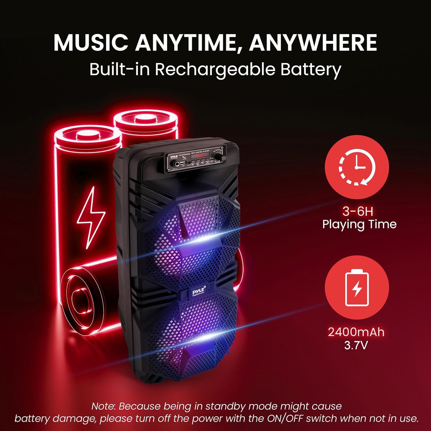 Pyle Bluetooth PA Speaker System - 600W Rechargeable Outdoor Bluetooth Speaker Portable PA System w/ Dual 8” Subwoofer 1” Tweeter, Microphone In, Party Lights, USB, Radio, Remote - Pyle PPHP2836B - Image 5