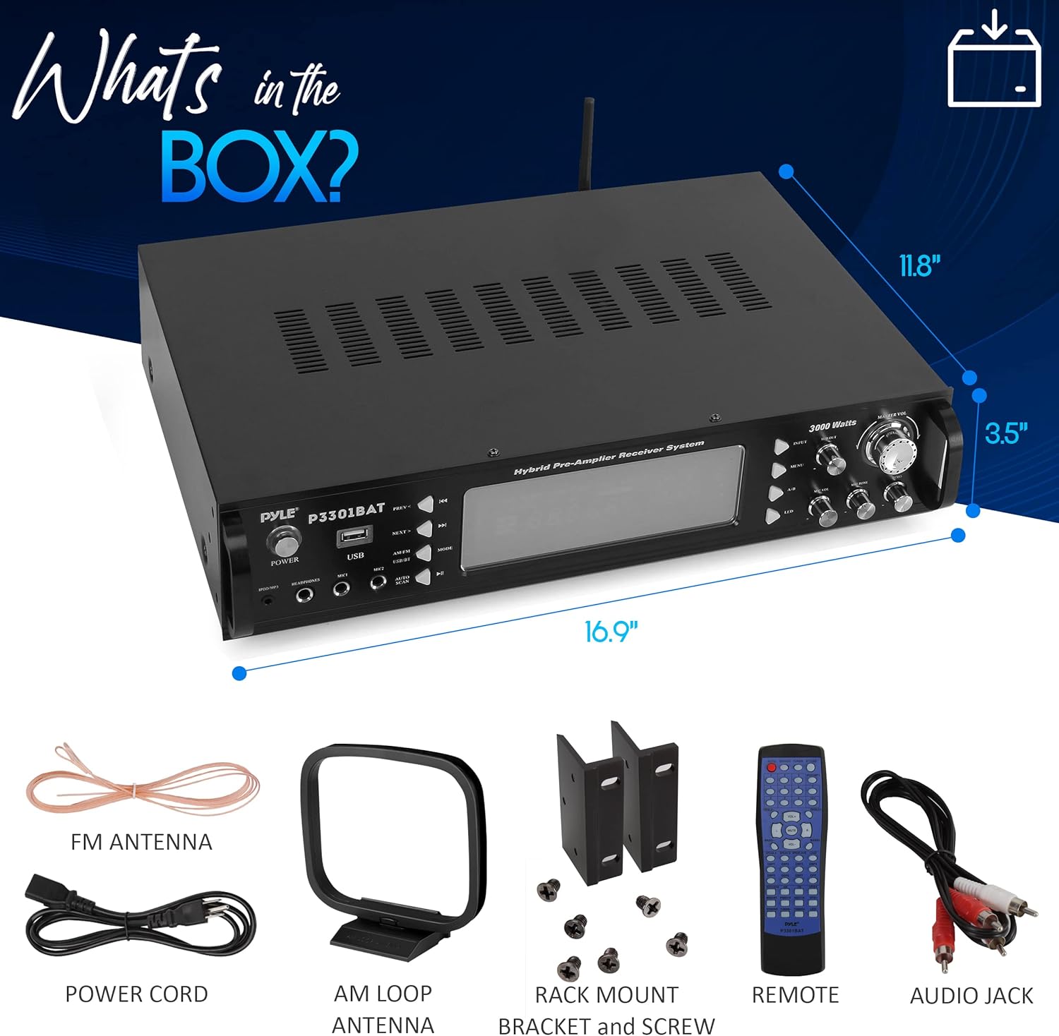 Pyle Bluetooth Home Stereo Amplifier - Hybrid Multi-Channel 3000 Watt Power Amplifier Home Audio Receiver System w/ AM/FM Radio, MP3/USB,AUX,RCA Karaoke Mic in - Rack Mount, Remote - P3301BAT - Image 8