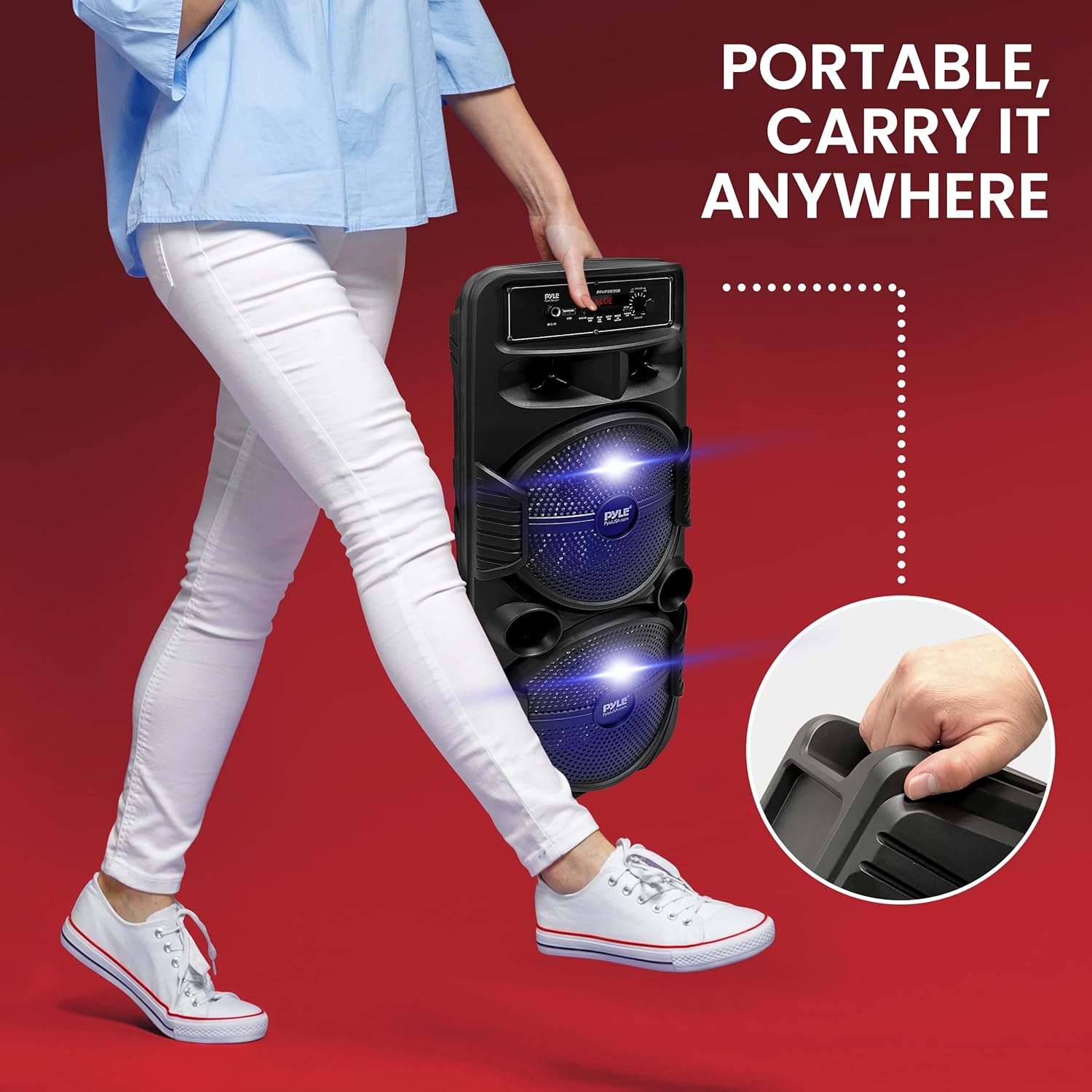 Pyle Portable Bluetooth PA Speaker System - 600W Rechargeable Outdoor Bluetooth Speaker Portable PA System w/ Dual 8” Subwoofer 1” Tweeter, Microphone In, Party Lights, USB, Radio, Remote - PPHP2835B - Image 6