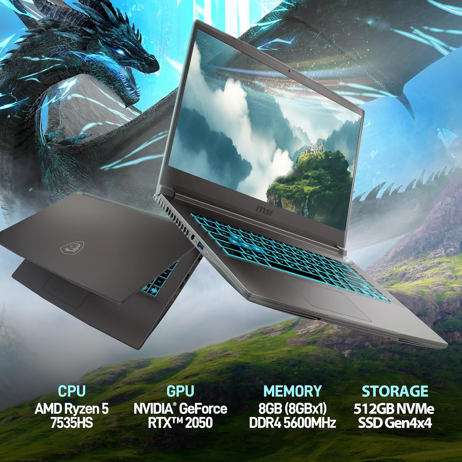 msi Thin A15 15.6” 144Hz FHD Gaming Laptop: Ryzen 5-7535HS, NVIDIA Geforce RTX 2050, 8GB DDR5, 512GB NVMe SSD, Cooler Boost 5, Win 11: Black B7UCX-218US - Image 2