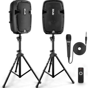 Wireless Portable PA Speaker System - 1000W High Powered Bluetooth Compatible Active + Passive Pair Outdoor Sound Speakers W/USB SD MP3 AUX - 35mm Mount, 2 Stand, Microphone, Remote - Pyle