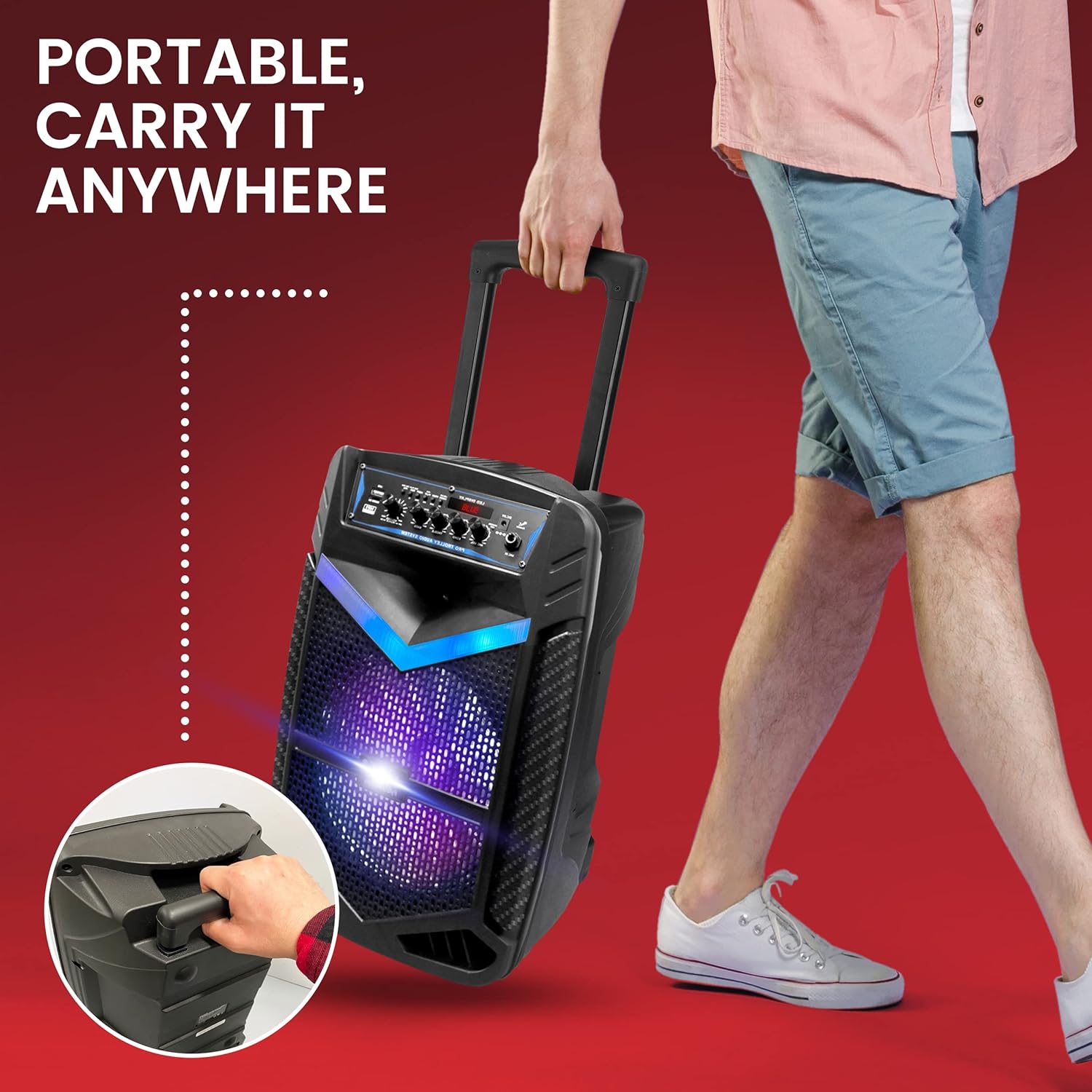 Pyle Portable Bluetooth PA Speaker System - 600W Rechargeable Outdoor Bluetooth Speaker Portable PA System w/ 10” Subwoofer 1” Tweeter, Recording Function, Mic In Party Lights USB/SD Radio - Image 6