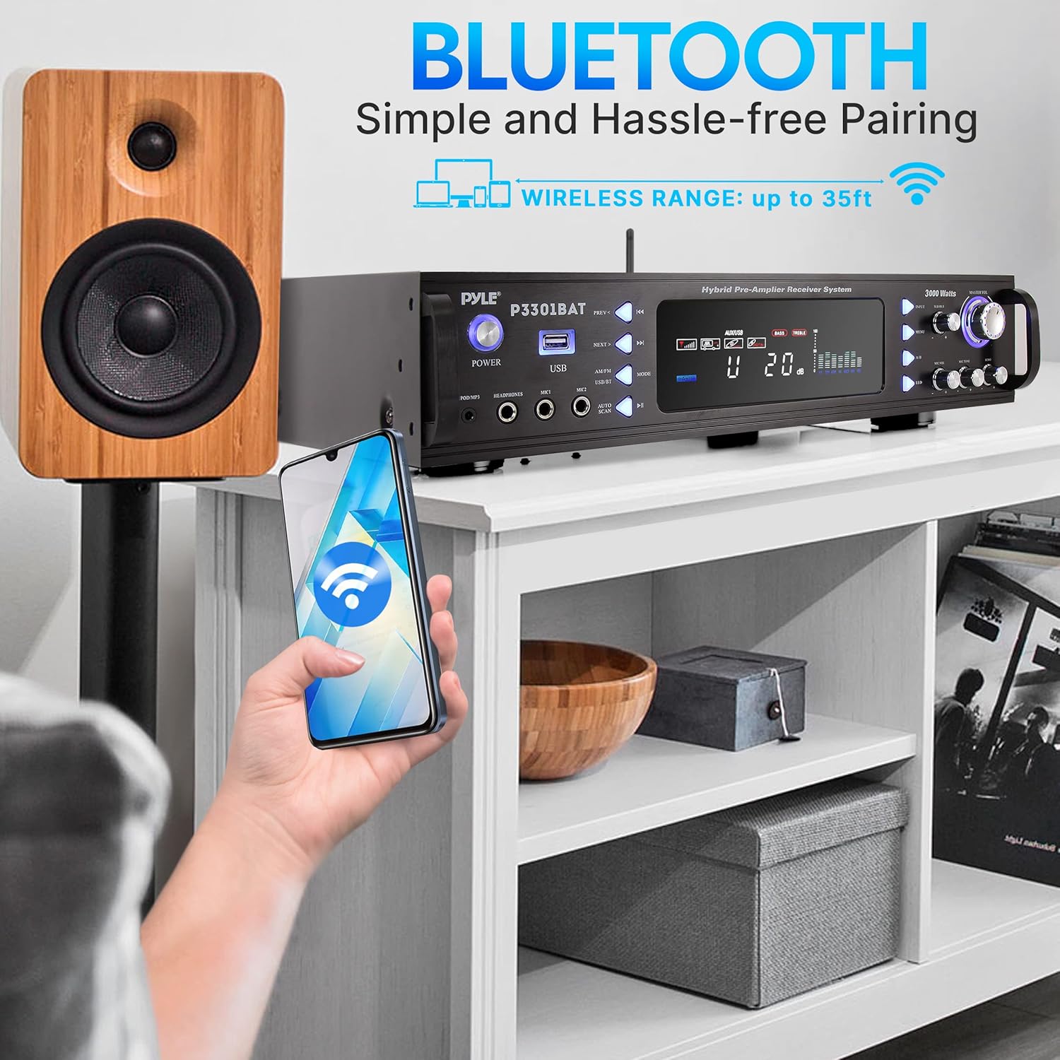 Pyle Bluetooth Home Stereo Amplifier - Hybrid Multi-Channel 3000 Watt Power Amplifier Home Audio Receiver System w/ AM/FM Radio, MP3/USB,AUX,RCA Karaoke Mic in - Rack Mount, Remote - P3301BAT - Image 6