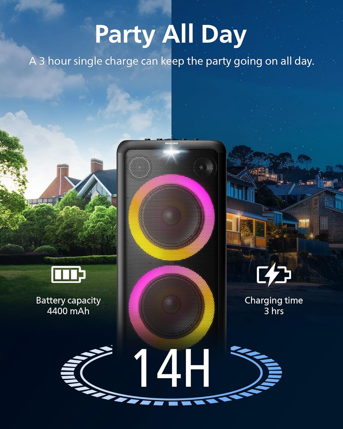 Philips X5206 Bluetooth Party Speaker - 14 Hours Play Time, Deep Bass, Party Lights, Karaoke Effects, Mic & Guitar Input, 80W Max Power, Black - Image 3