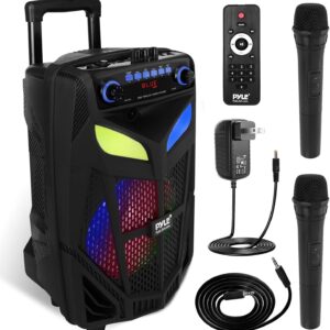 Portable Bluetooth PA Speaker System - 600W 10” Outdoor BT Speaker - Includes 2 Wireless Microphones, Party Lights, USB SD Card Reader, FM Radio, Rolling Wheels - Remote Control - Pyle PPHP101WMB