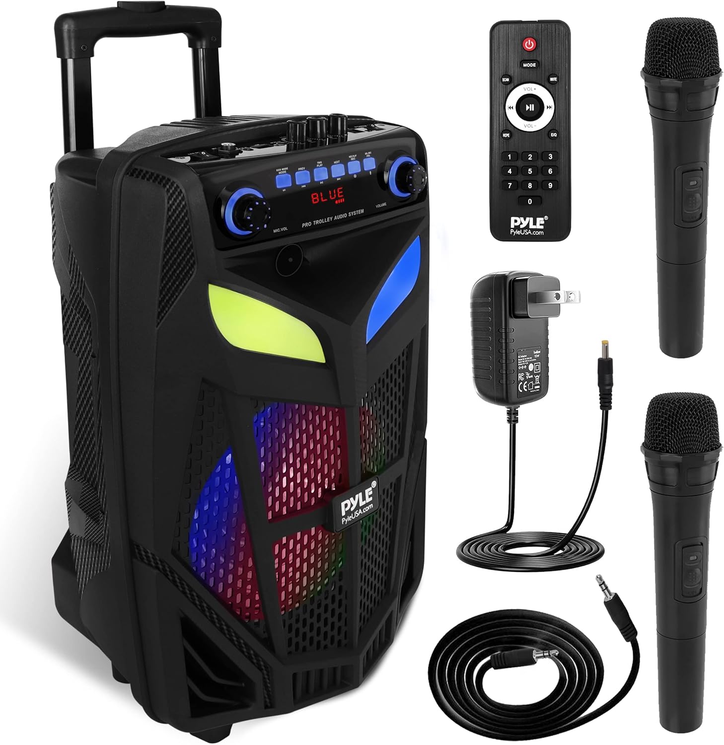 Portable Bluetooth PA Speaker System - 600W 10” Outdoor BT Speaker - Includes 2 Wireless Microphones, Party Lights, USB SD Card Reader, FM Radio, Rolling Wheels - Remote Control - Pyle PPHP101WMB