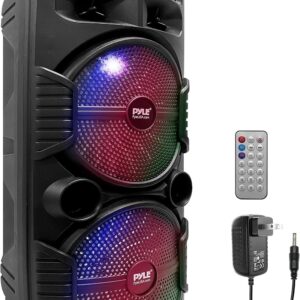 Pyle Portable Bluetooth PA Speaker System - 600W Rechargeable Outdoor Bluetooth Speaker Portable PA System w/ Dual 8” Subwoofer 1” Tweeter, Microphone In, Party Lights, USB, Radio, Remote - PPHP2835B