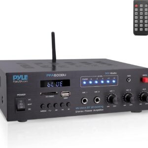 Pyle 300W Bluetooth Karaoke Amplifier - 2-Channel PA System with FM Radio - USB/SD - AUX - 2 Mic Inputs - Siren Alarm - 12V Power Option - Remote Control for Home, Car, and Bus Tours - PFA600BU