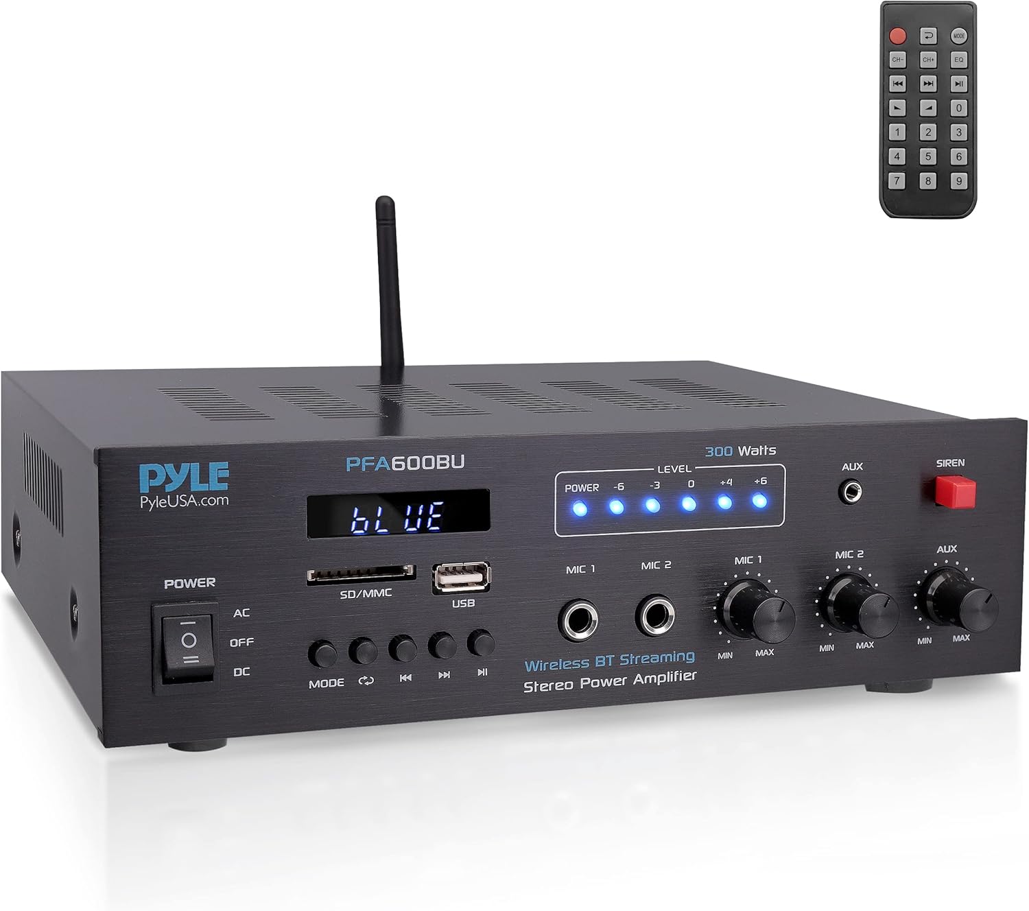 Pyle 300W Bluetooth Karaoke Amplifier - 2-Channel PA System with FM Radio - USB/SD - AUX - 2 Mic Inputs - Siren Alarm - 12V Power Option - Remote Control for Home, Car, and Bus Tours - PFA600BU