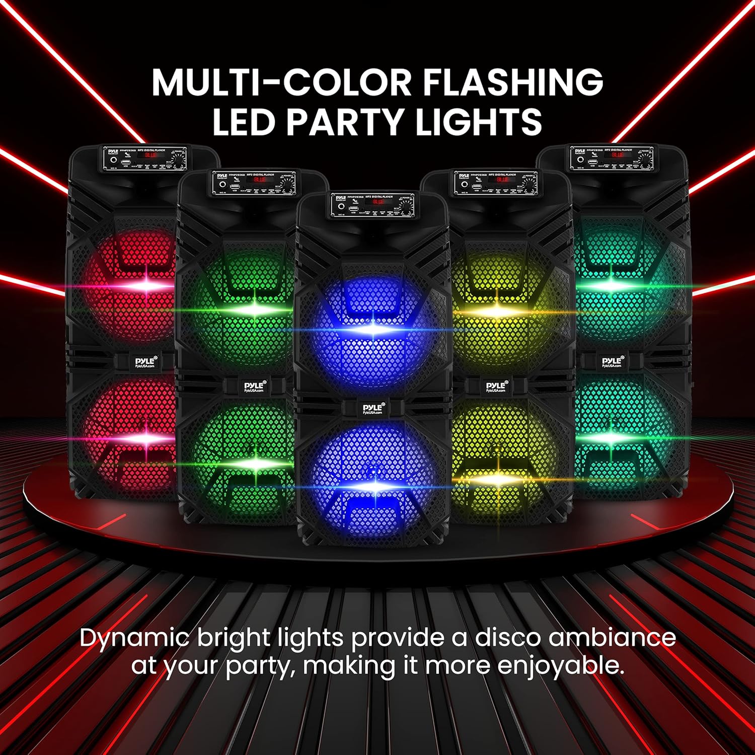 Pyle Bluetooth PA Speaker System - 600W Rechargeable Outdoor Bluetooth Speaker Portable PA System w/ Dual 8” Subwoofer 1” Tweeter, Microphone In, Party Lights, USB, Radio, Remote - Pyle PPHP2836B - Image 4