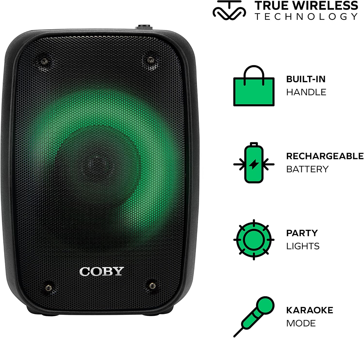 Coby Blaze Light-Up Bluetooth Speaker, Wireless Portable Speaker with 3 Light Modes, Built-in Mic Input, FM Radio, and Handle, Karaoke Box, 7-Hour-Use Rechargeable Battery, Micro USB Port, TF Card - Image 2