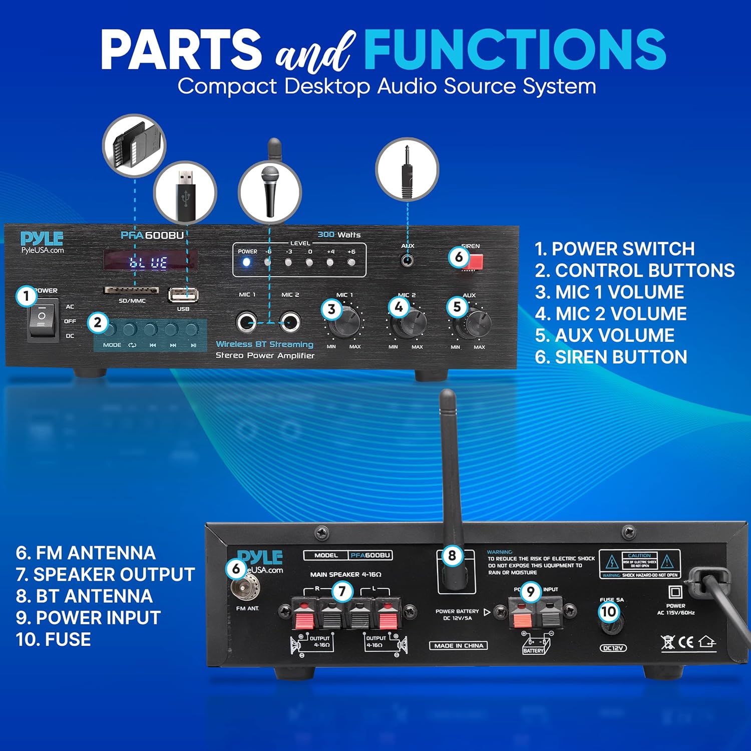 Pyle 300W Bluetooth Karaoke Amplifier - 2-Channel PA System with FM Radio - USB/SD - AUX - 2 Mic Inputs - Siren Alarm - 12V Power Option - Remote Control for Home, Car, and Bus Tours - PFA600BU - Image 2