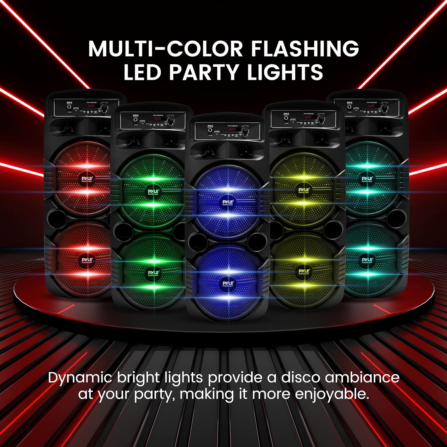 Pyle Portable Bluetooth PA Speaker System - 600W Rechargeable Outdoor Bluetooth Speaker Portable PA System w/ Dual 8” Subwoofer 1” Tweeter, Microphone In, Party Lights, USB, Radio, Remote - PPHP2835B - Image 4